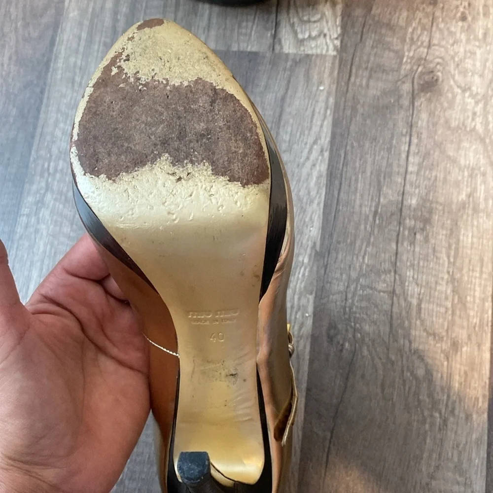 Miu Miu Platform Heels Gold Black Peep Toe